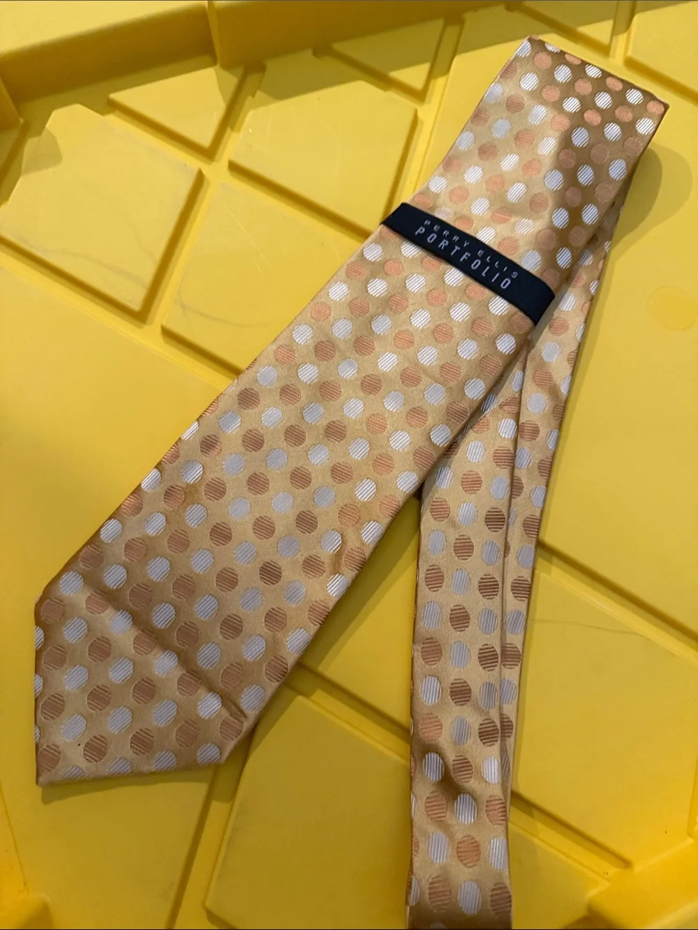 Perry Ellis Gold and White Polka Dot 100% Silk Tie